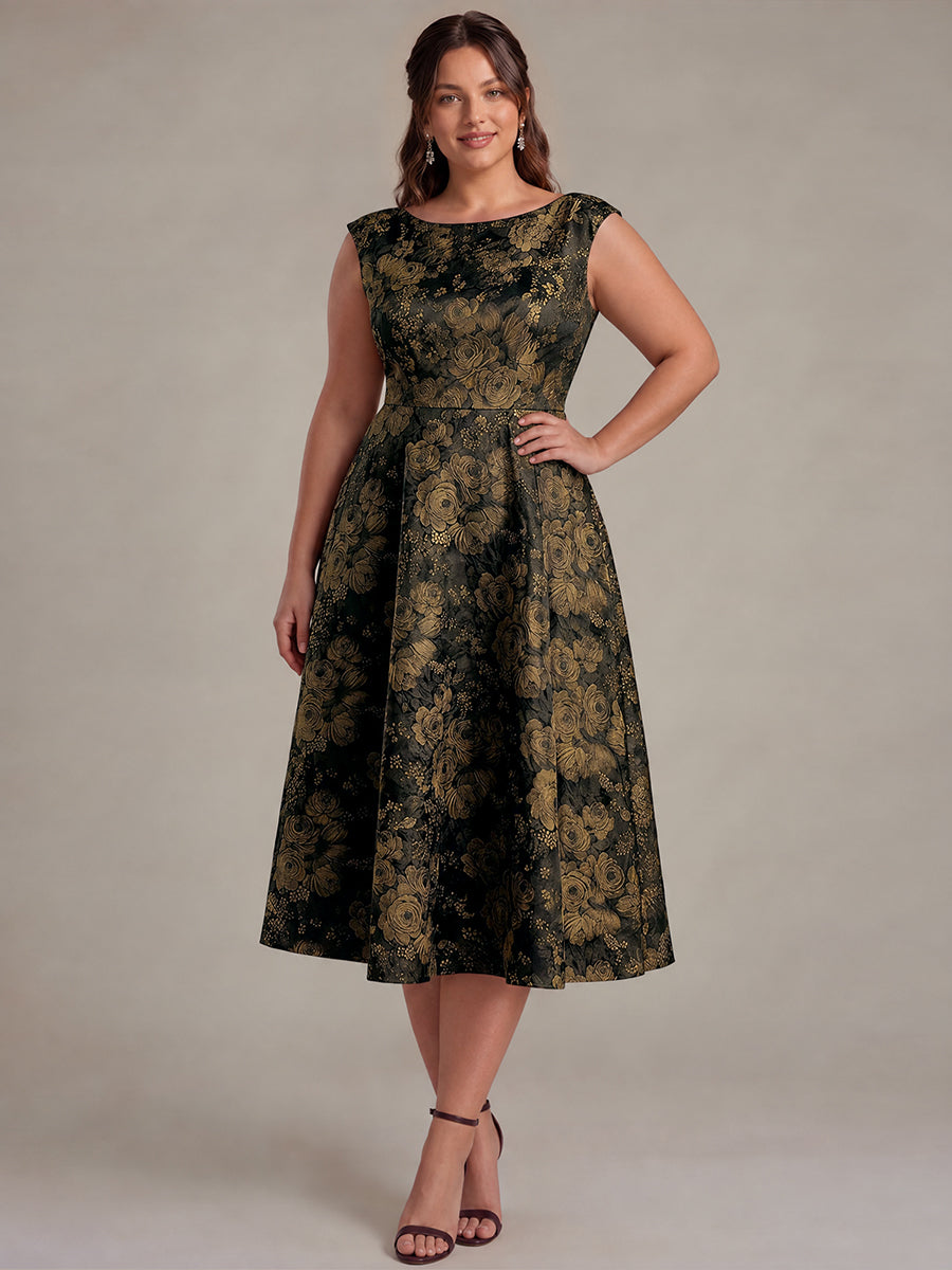 Plus Size Floral Jacquard Tea-Length A-Line Wedding Guest Dress #color_Black/Gold