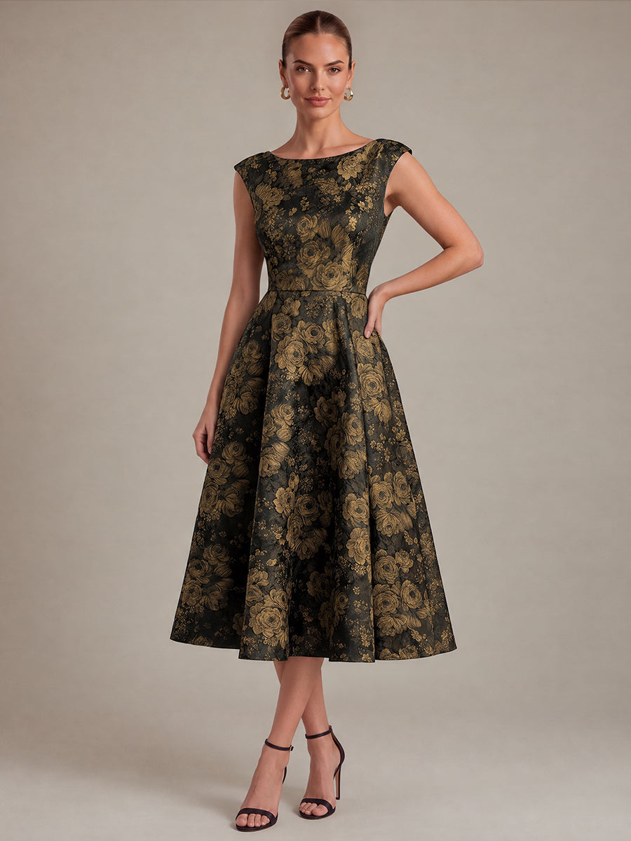Plus Size Floral Jacquard Tea-Length A-Line Wedding Guest Dress #color_Black/Gold