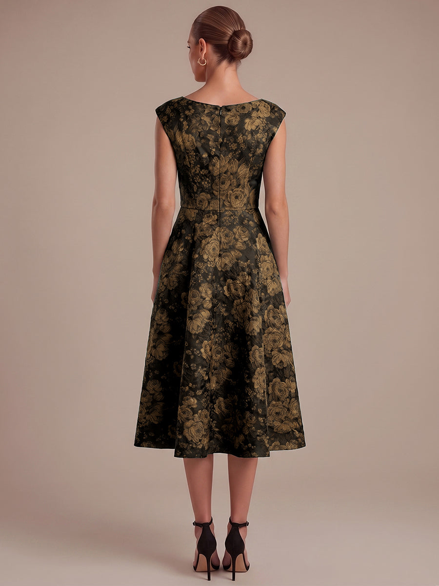 Floral Print Jacquard Cap Sleeve Wedding Guest Dress #color_Black & Gold