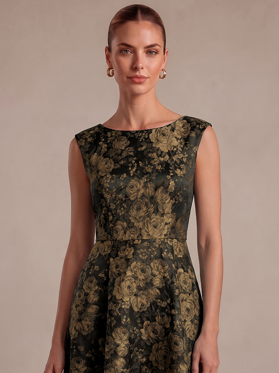Floral Print Jacquard Cap Sleeve Wedding Guest Dress #color_Black & Gold