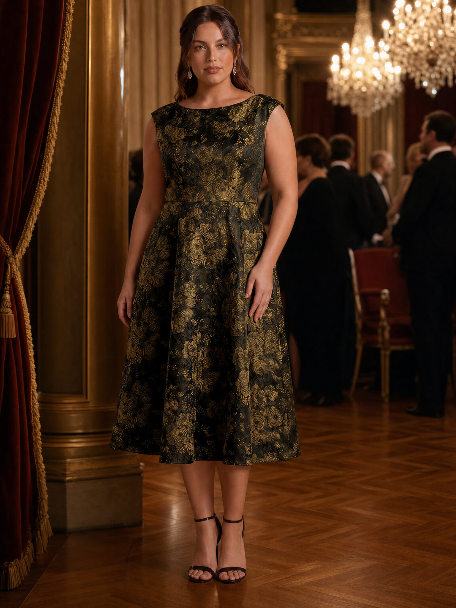 Plus Size Floral Jacquard Tea-Length A-Line Wedding Guest Dress #color_Black/Gold