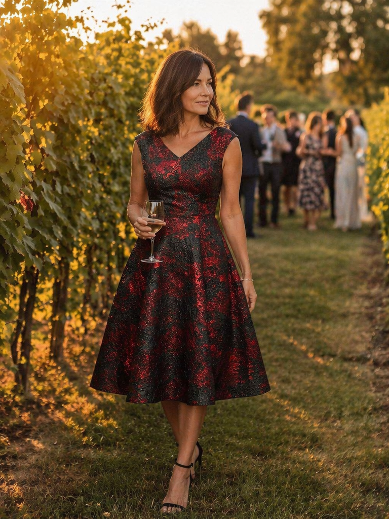 Jacquard Cap Sleeve A-Line Wedding Guest Dress #color_Burgundy/Black