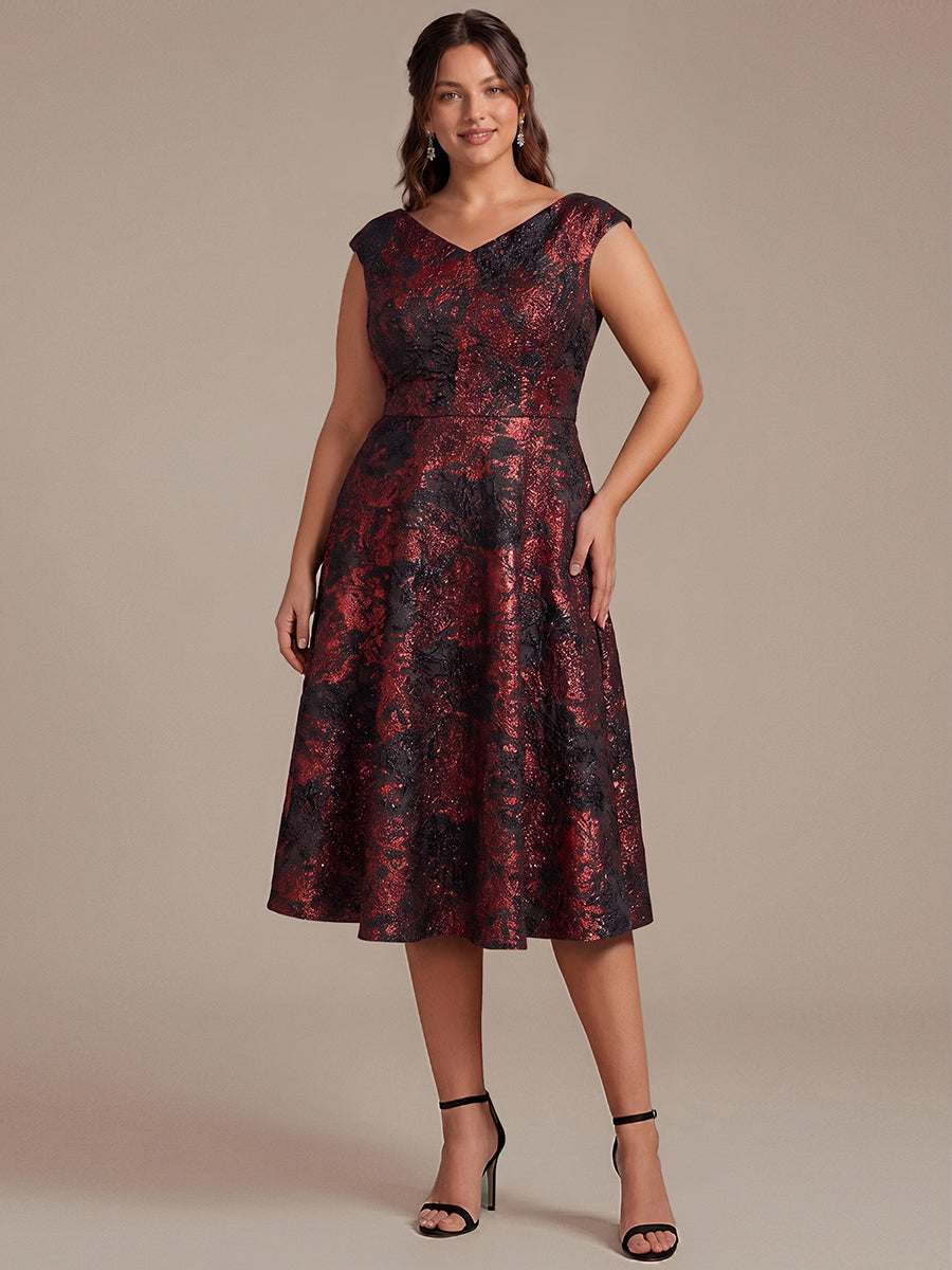 Jacquard Cap Sleeve A-Line Wedding Guest Dress #color_Burgundy/Black