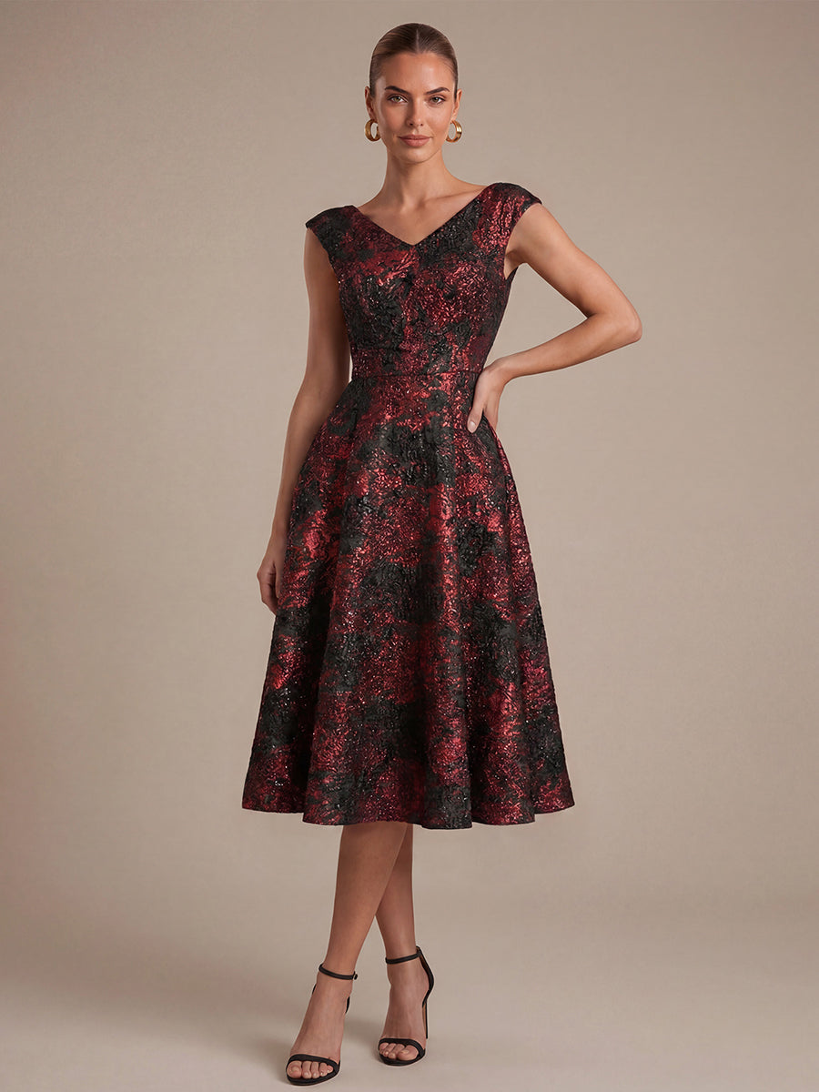 Jacquard Cap Sleeve A-Line Wedding Guest Dress #color_Burgundy/Black