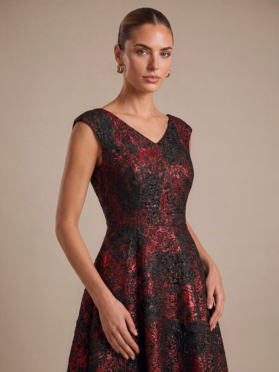 Jacquard Cap Sleeve A-Line Wedding Guest Dress #color_Burgundy