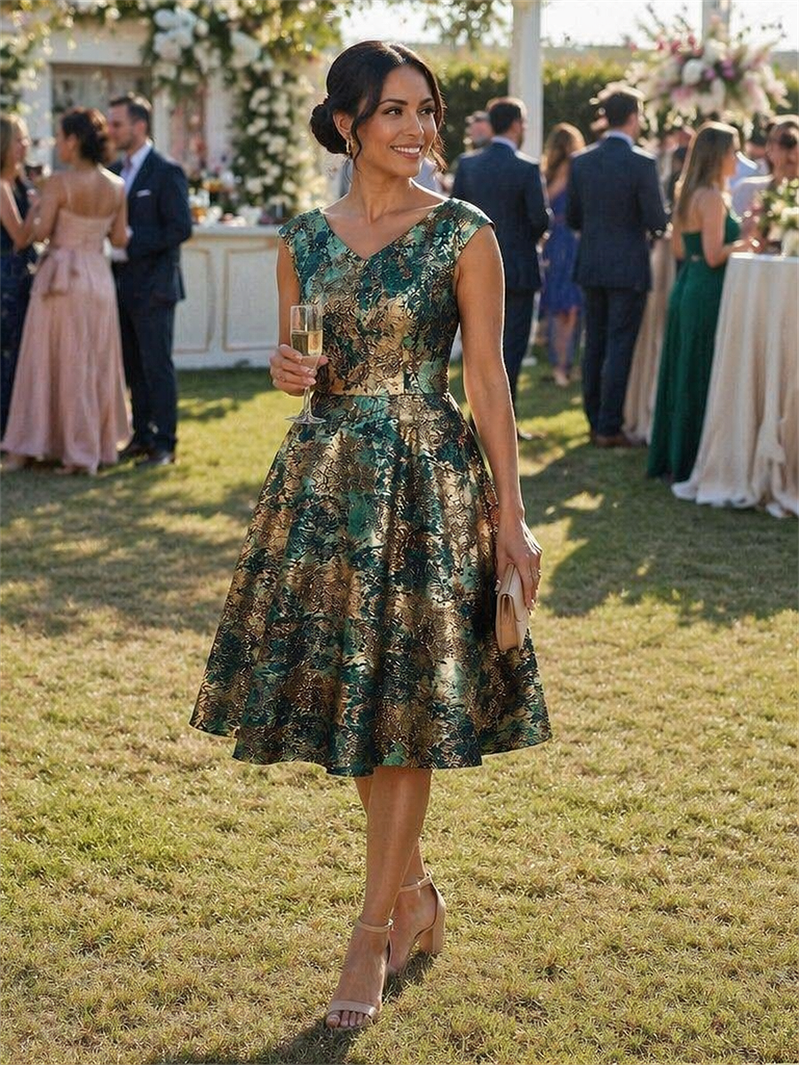 Jacquard Cap Sleeve A-Line Wedding Guest Dress #color_Dark Green/Gold