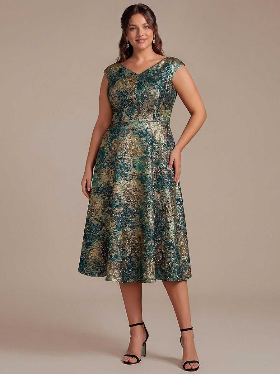Jacquard Cap Sleeve A-Line Wedding Guest Dress #color_Dark Green/Gold
