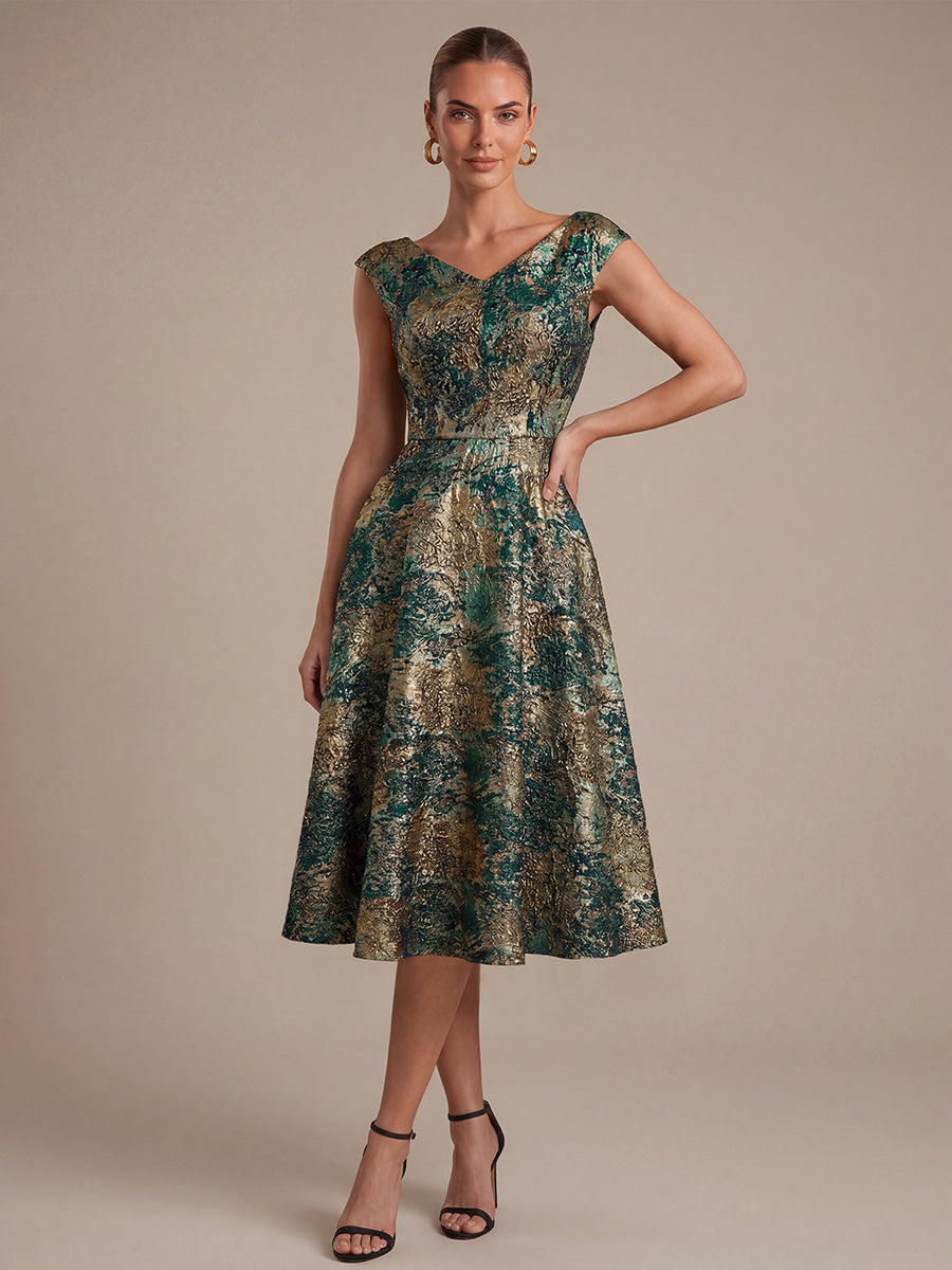 Jacquard Cap Sleeve A-Line Wedding Guest Dress #color_Dark Green/Gold