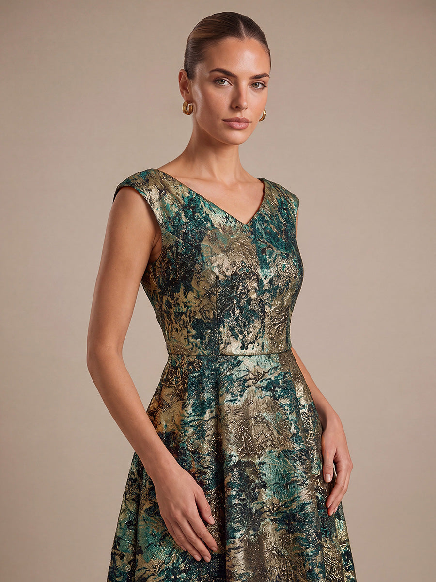 Jacquard Cap Sleeve A-Line Wedding Guest Dress #color_Dark Green