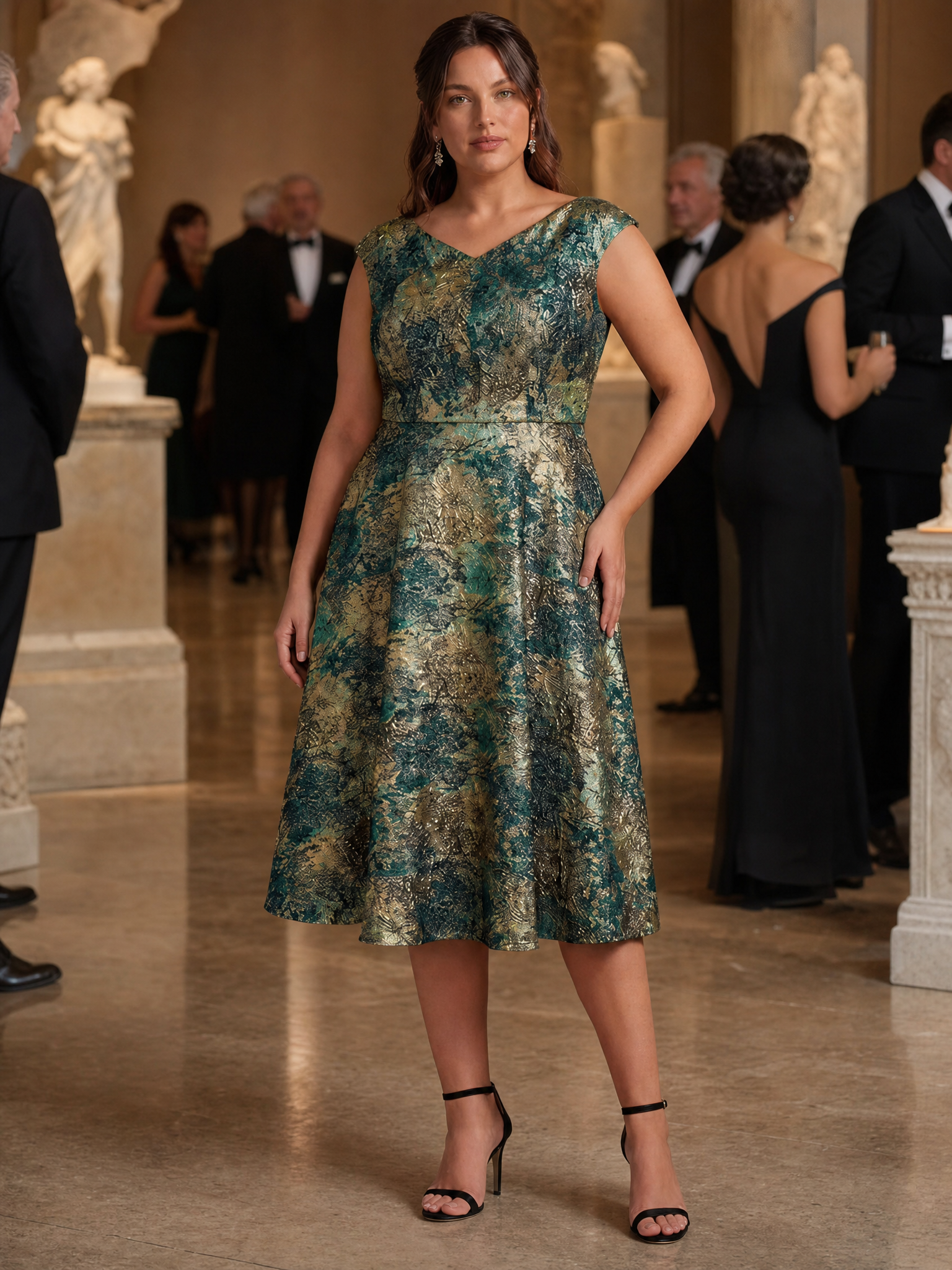 Plus Size Jacquard Double A-Line Midi Wedding Guest Dress #color_Dark Green/Gold