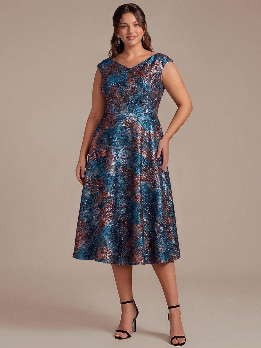 Jacquard Cap Sleeve A-Line Wedding Guest Dress #color_Sapphire Blue/Gold
