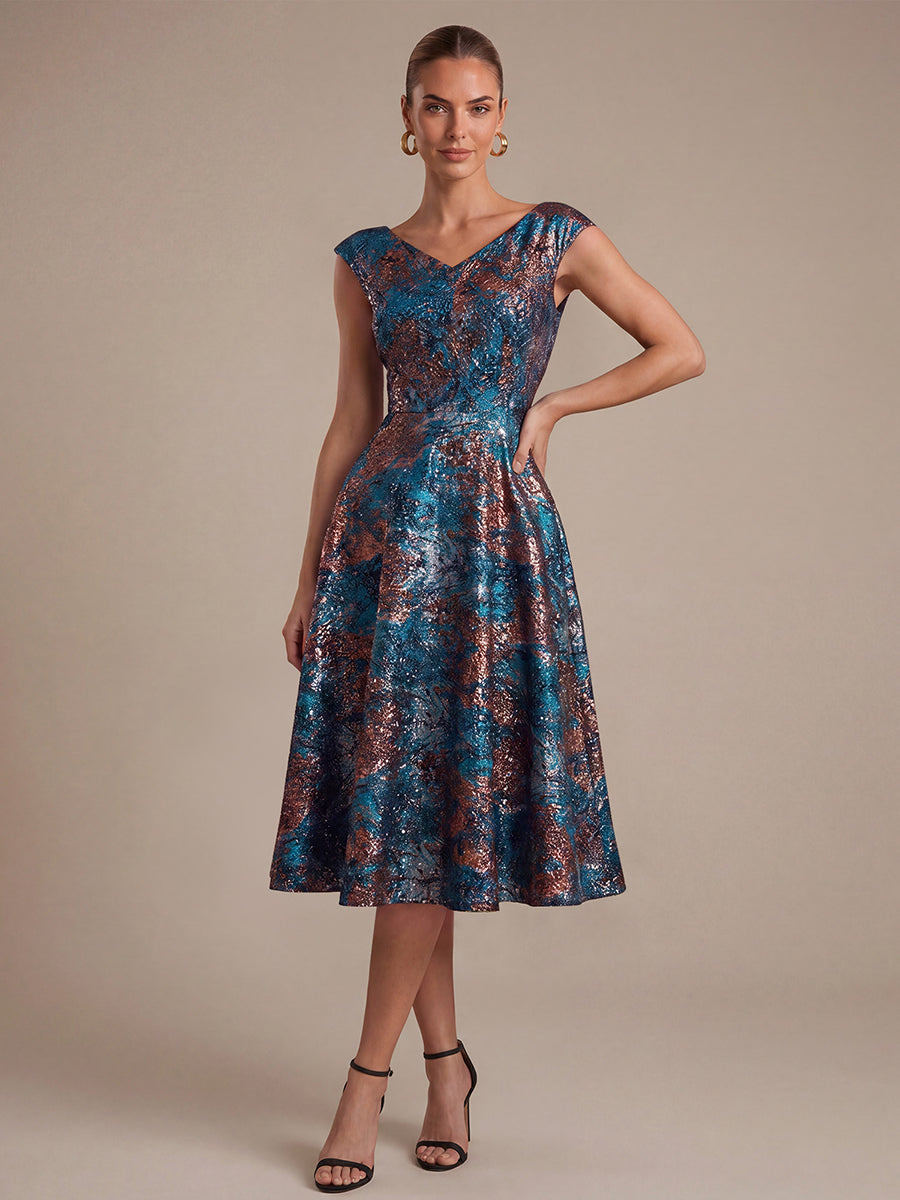 Jacquard Cap Sleeve A-Line Wedding Guest Dress #color_Sapphire Blue/Gold