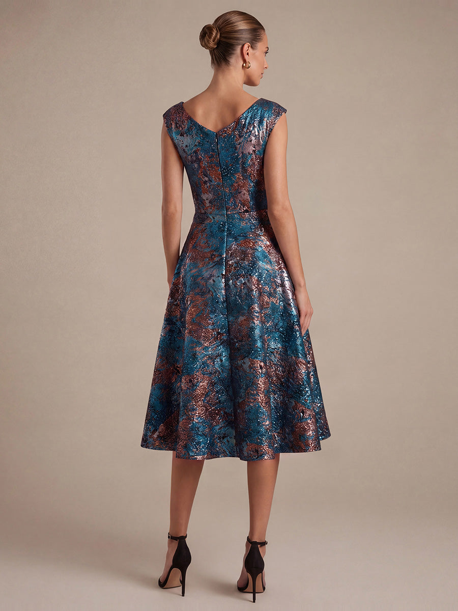 Jacquard Cap Sleeve A-Line Wedding Guest Dress #color_Sapphire Blue
