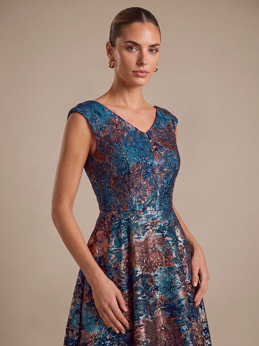 Jacquard Cap Sleeve A-Line Wedding Guest Dress #color_Sapphire Blue