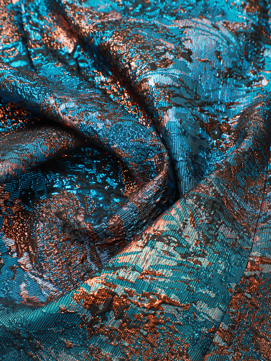 Knot Detail Jacquard Shawl Sleeve Evening Dress #color_Sapphire Blue/Gold