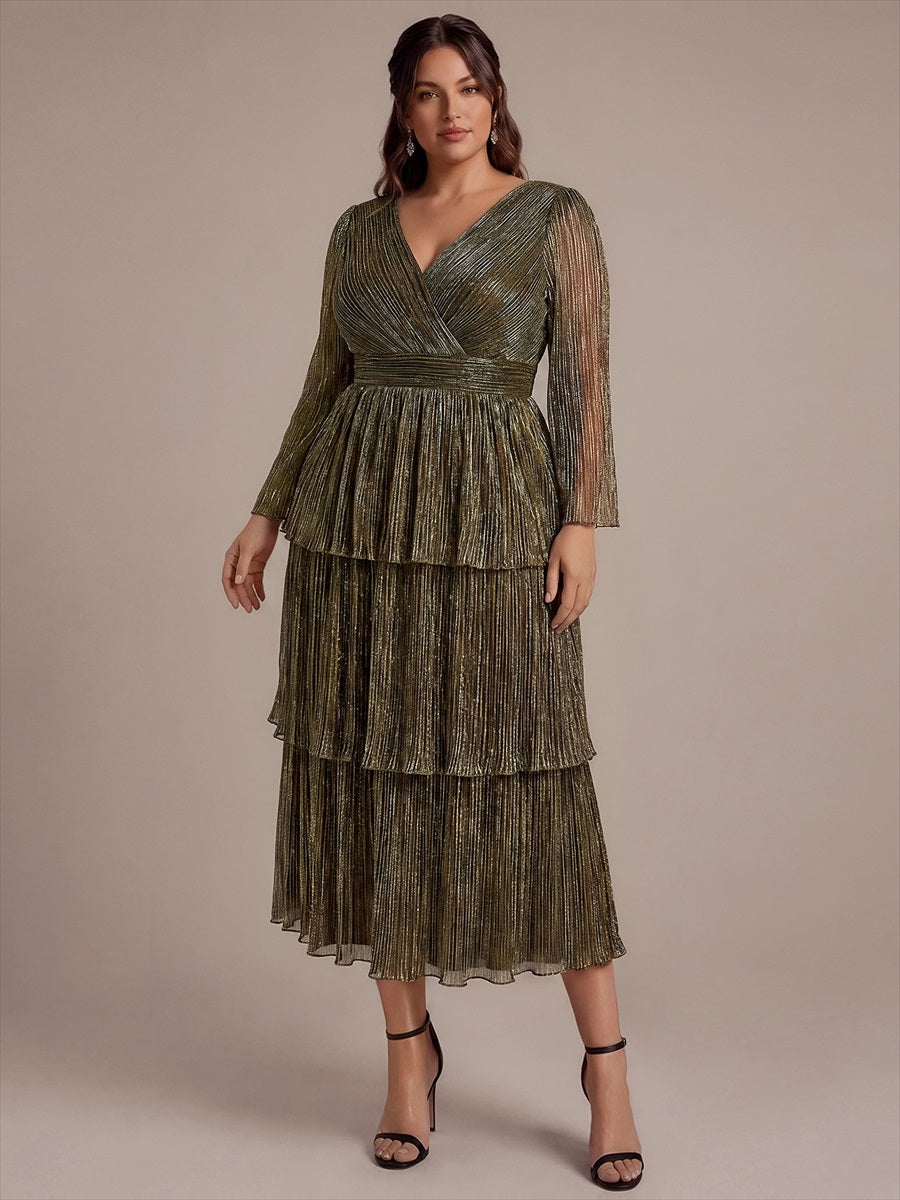 Plus Size Tiered Tulle Shimmer Wedding Guest Dress #color_Metallic Gold