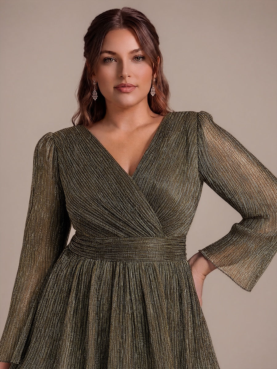 Plus Size Tiered Tulle Shimmer Wedding Guest Dress #color_Metallic Gold
