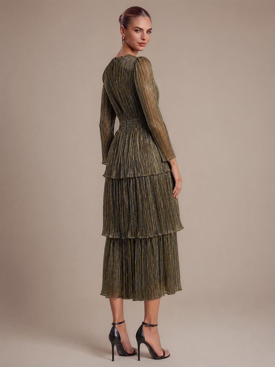 Tiered Lurex Tulle Shimmer Long Sleeve Wedding Guest Dress #color_Metallic Gold