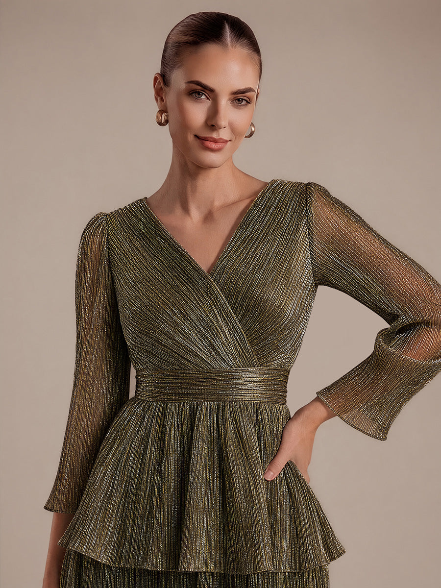 Tiered Lurex Tulle Shimmer Long Sleeve Wedding Guest Dress #color_Metallic Gold