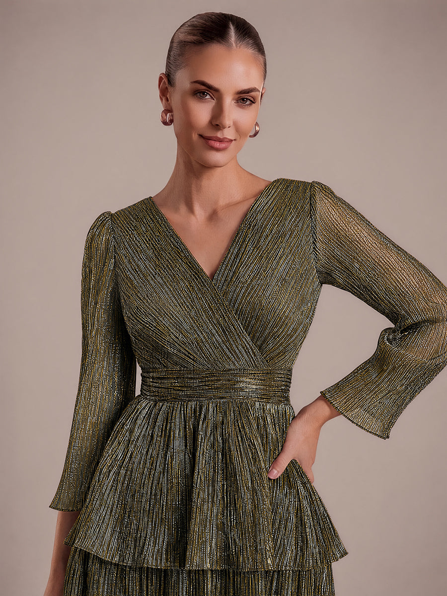 Tiered Lurex Tulle Shimmer Long Sleeve Wedding Guest Dress #color_Metallic Gold