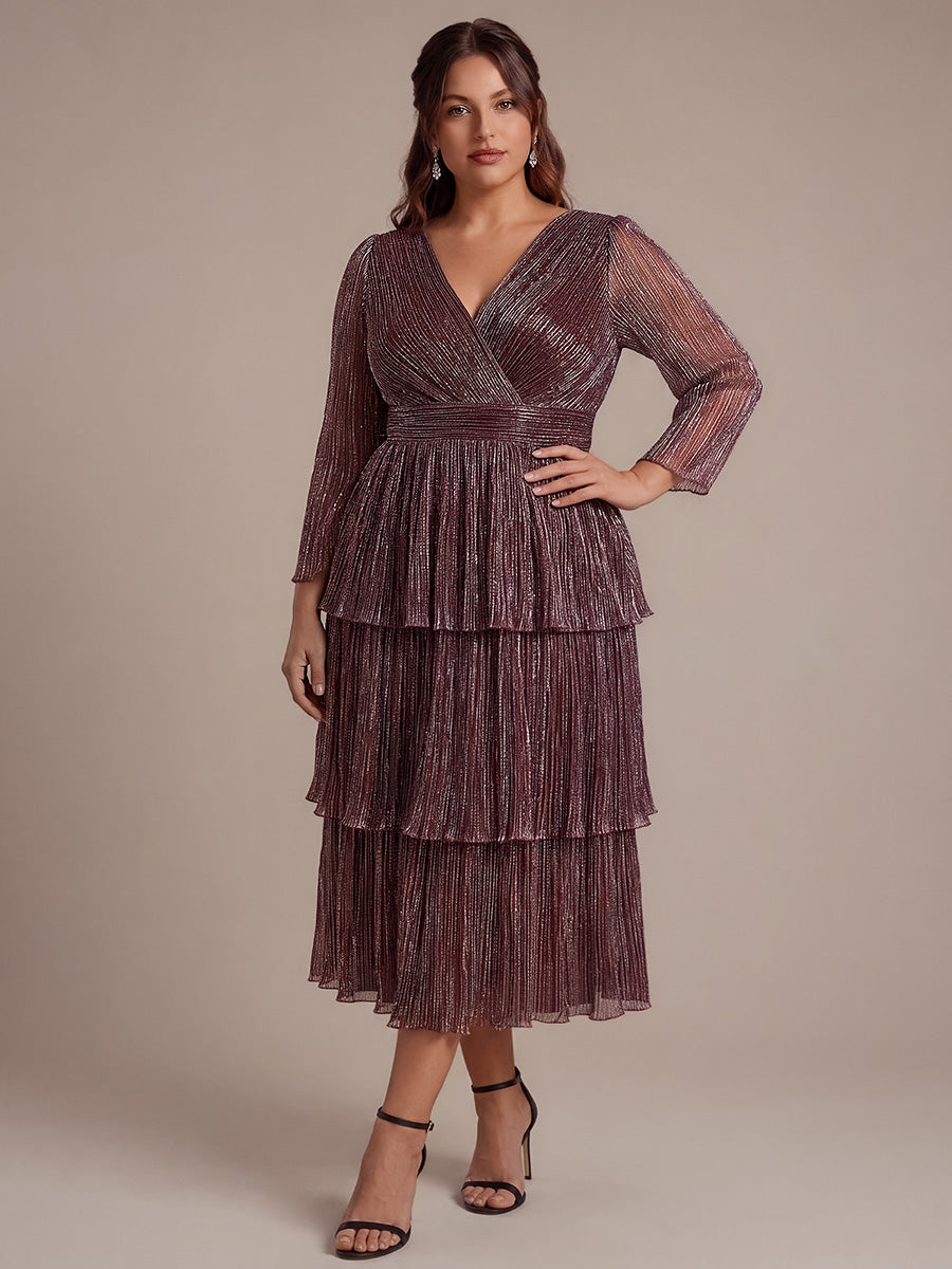 Plus Size Tiered Tulle Shimmer Wedding Guest Dress #color_Mahogany Brown