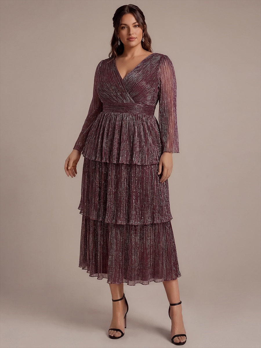 Plus Size Tiered Tulle Shimmer Wedding Guest Dress #color_Mahogany Brown