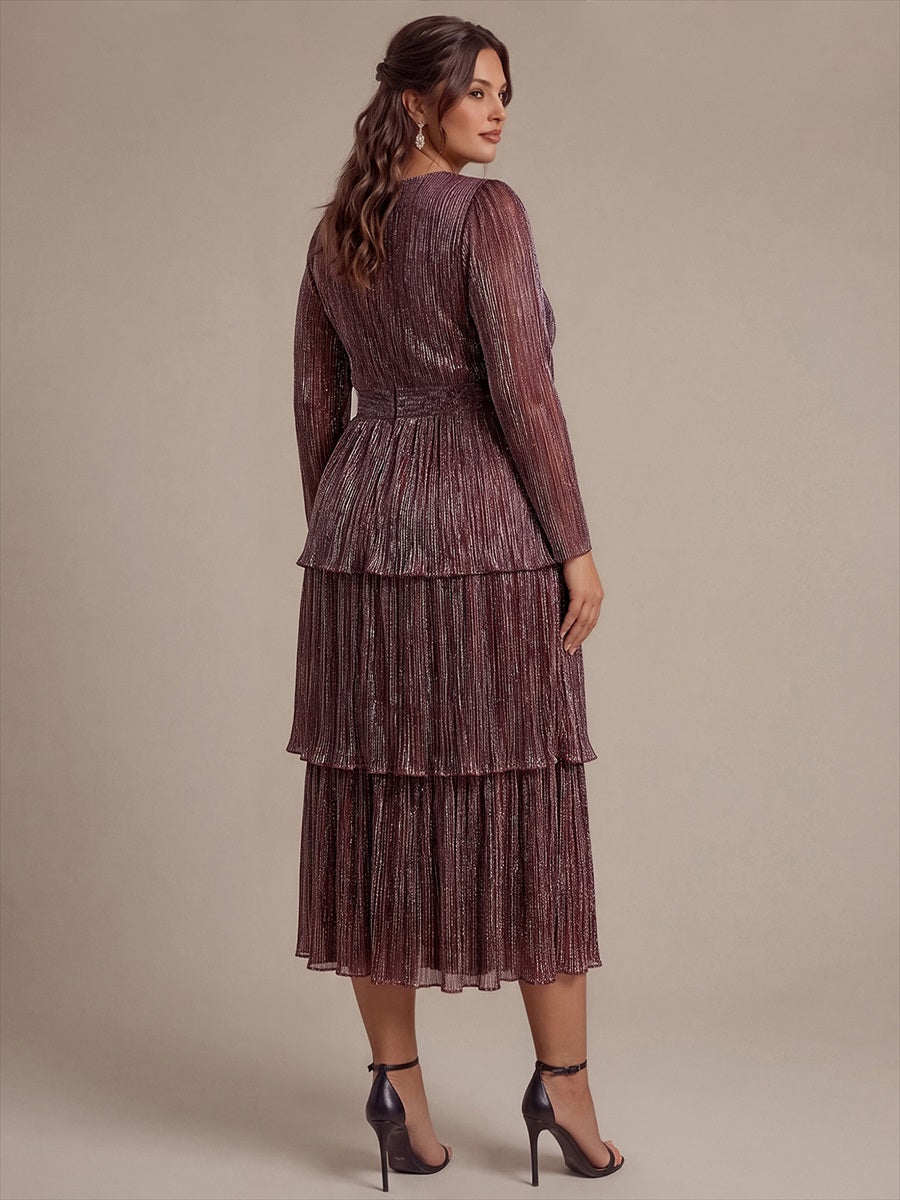 Plus Size Tiered Tulle Shimmer Wedding Guest Dress #color_Mahogany Brown
