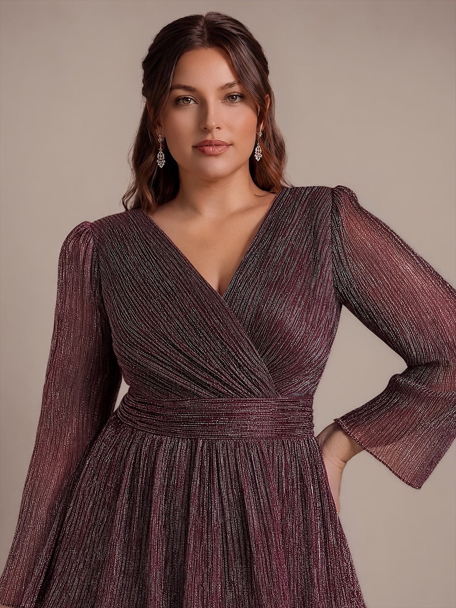 Plus Size Tiered Tulle Shimmer Wedding Guest Dress #color_Mahogany Brown