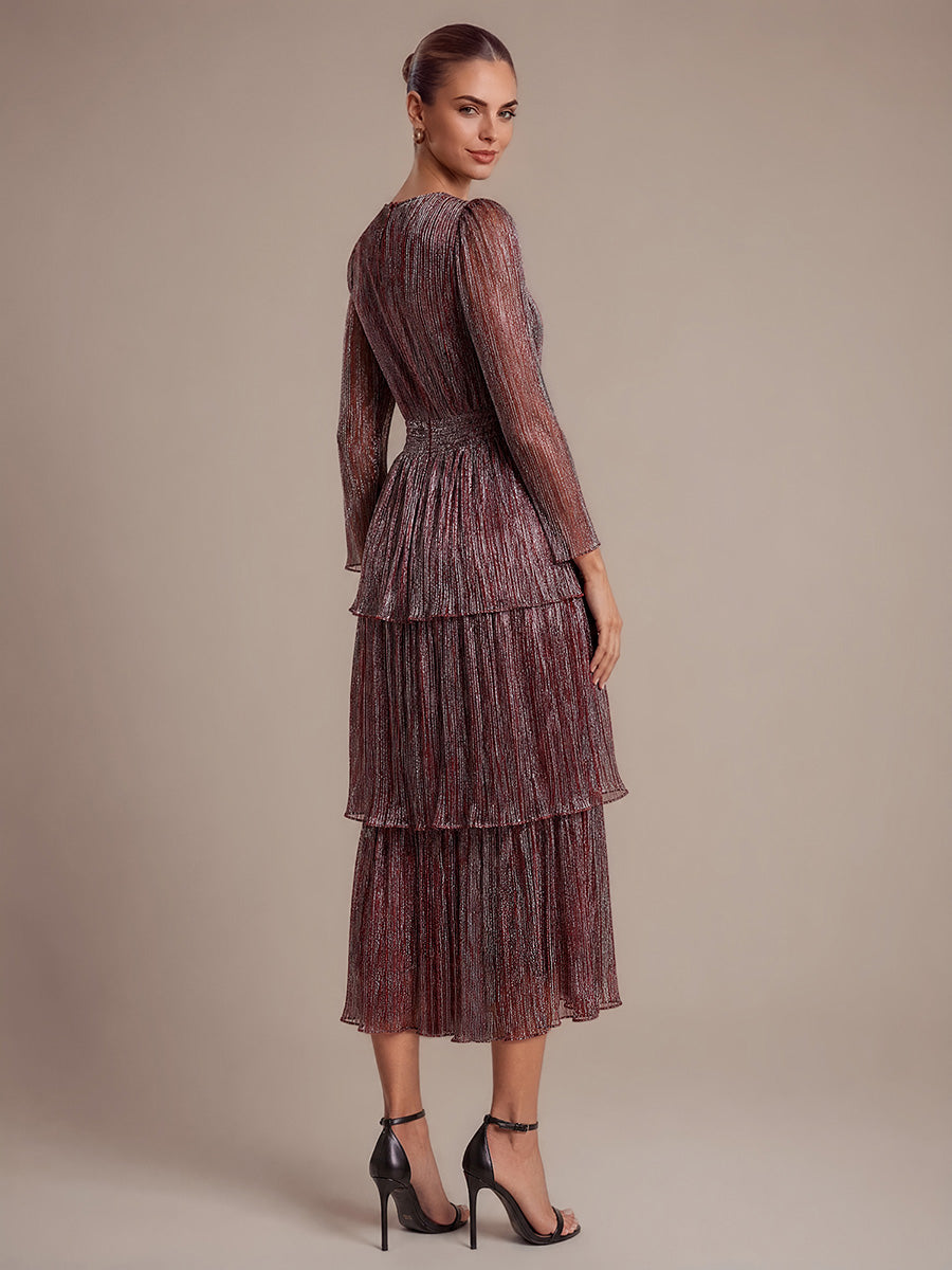 Tiered Lurex Tulle Shimmer Long Sleeve Wedding Guest Dress #color_Mahogany Brown