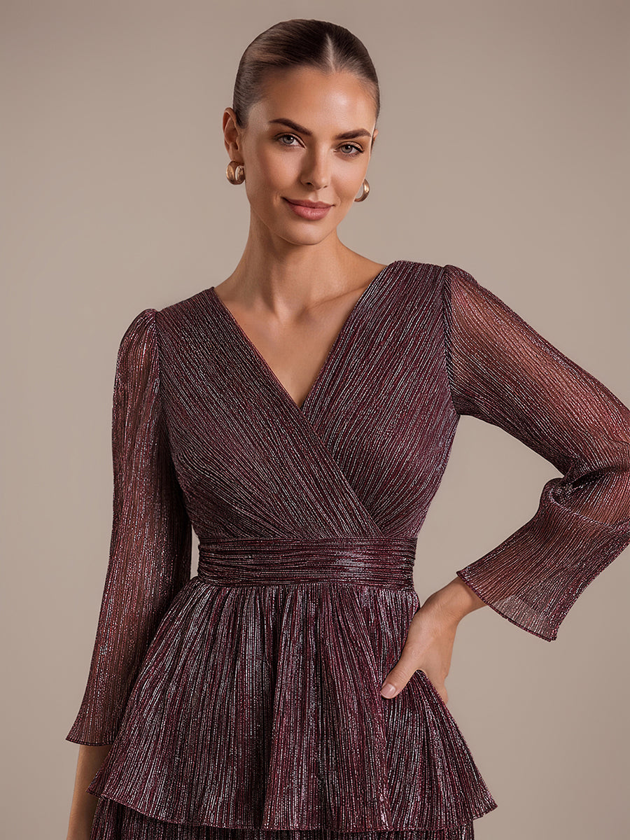 Tiered Lurex Tulle Shimmer Long Sleeve Wedding Guest Dress #color_Mahogany Brown