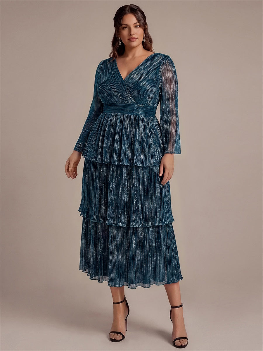 Plus Size Tiered Tulle Shimmer Wedding Guest Dress #color_Teal Blue