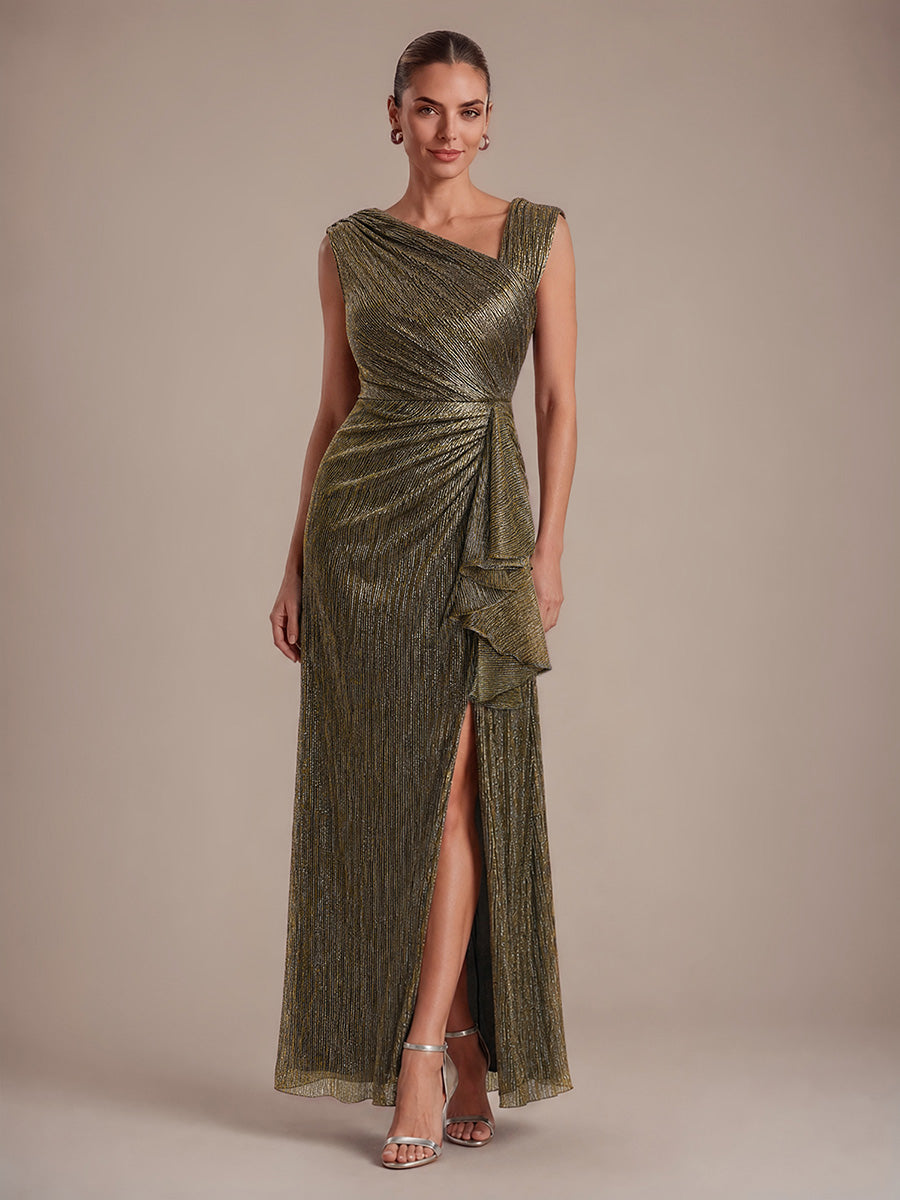 Slit Lurex Tulle Shimmer Sleeveless Wedding Guest Dress #color_Metallic Gold