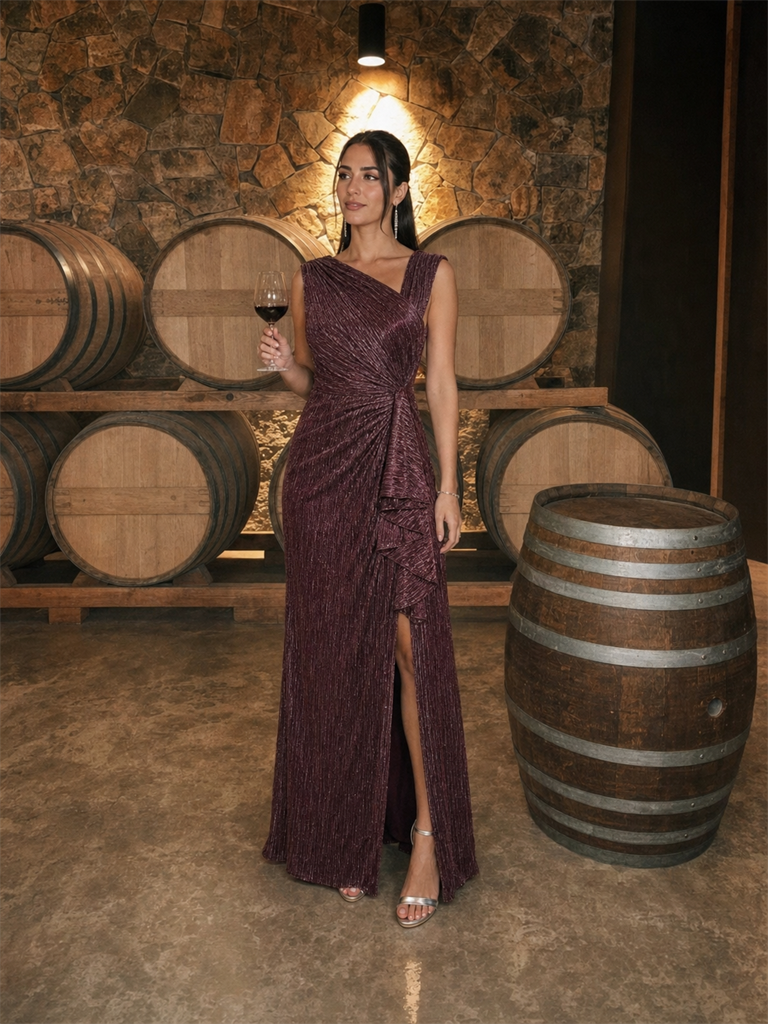 Slit Lurex Tulle Shimmer Sleeveless Wedding Guest Dress #color_Mahogany Brown