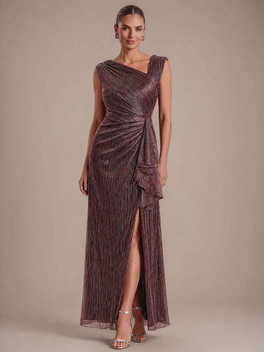 Slit Lurex Tulle Shimmer Sleeveless Wedding Guest Dress #color_Mahogany Brown