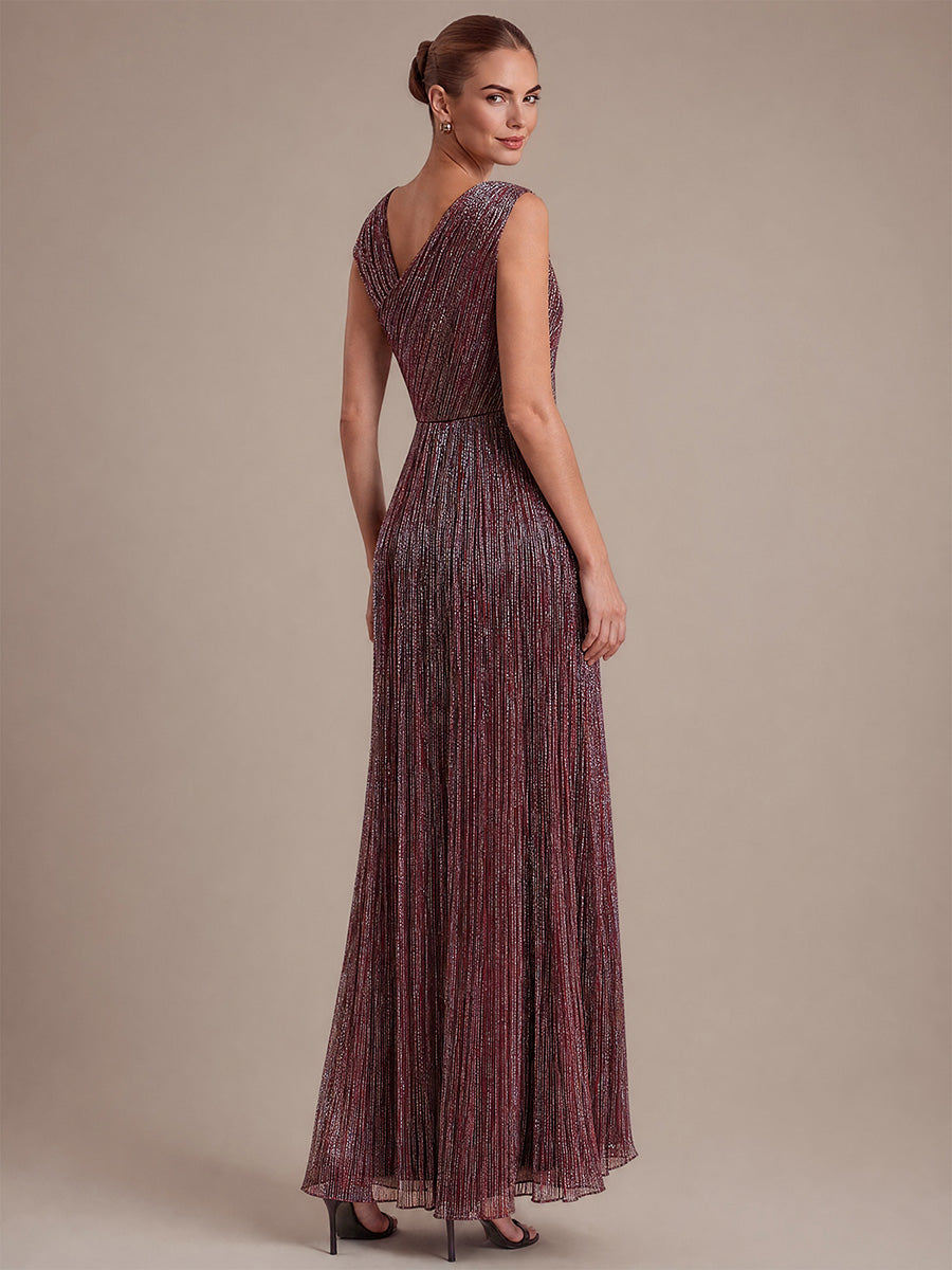 Slit Lurex Tulle Shimmer Sleeveless Wedding Guest Dress #color_Mahogany Brown
