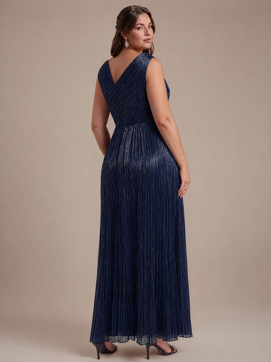 Plus Size Slit Lurex Tulle Sleeveless Wedding Guest Dress #color_Navy Blue