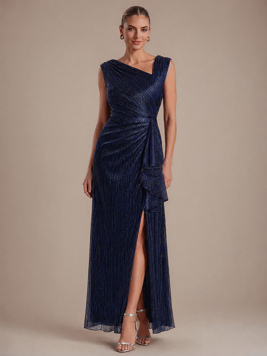Slit Lurex Tulle Shimmer Sleeveless Wedding Guest Dress #color_Navy Blue