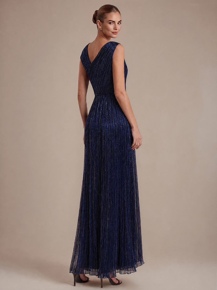 Slit Lurex Tulle Shimmer Sleeveless Wedding Guest Dress #color_Navy Blue