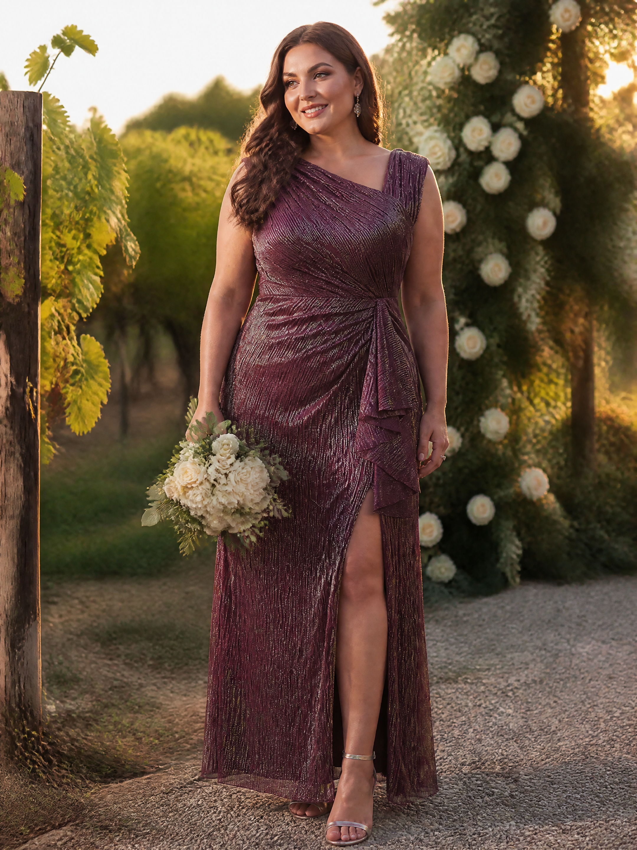 Plus Size Slit Lurex Tulle Sleeveless Wedding Guest Dress #color_Mahogany Brown