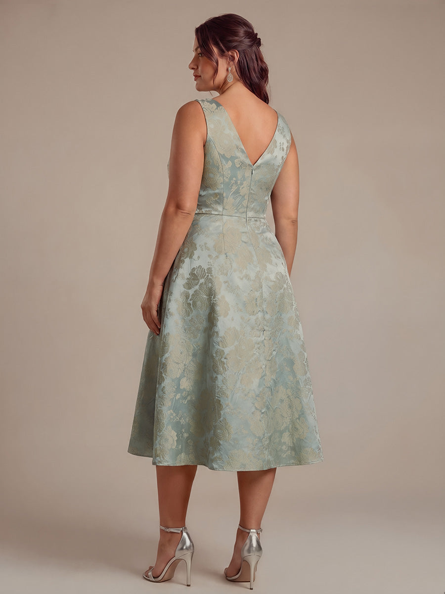 Floral Print Jacquard V-Neck Midi Wedding Guest Dress #color_Sky Blue/Gold
