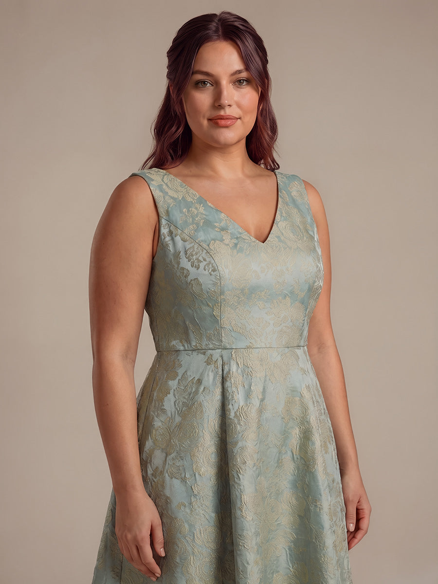 Floral Print Jacquard V-Neck Midi Wedding Guest Dress #color_Sky Blue/Gold