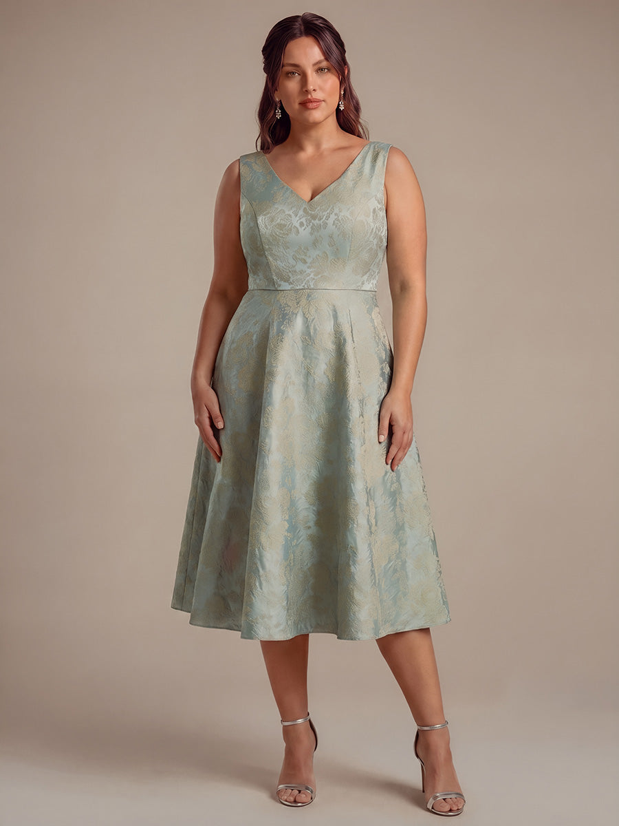 Floral Print Jacquard V-Neck Midi Wedding Guest Dress #color_Sky Blue/Gold