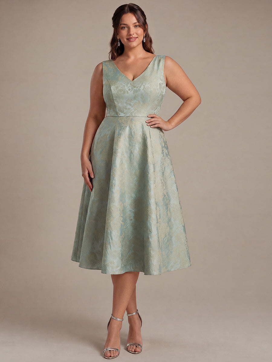 Floral Print Jacquard V-Neck Midi Wedding Guest Dress #color_Sky Blue/Gold