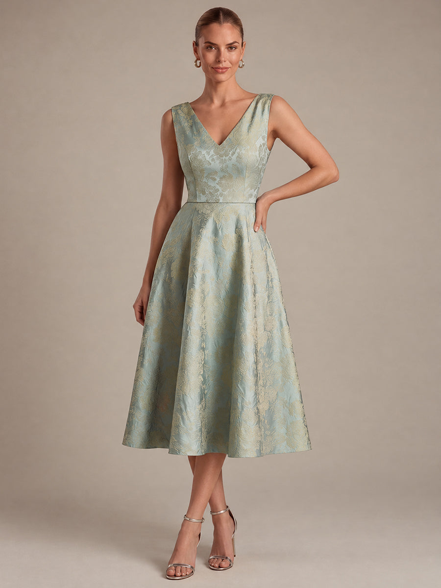 Floral Print Jacquard V-Neck Midi Wedding Guest Dress #color_Sky Blue/Gold