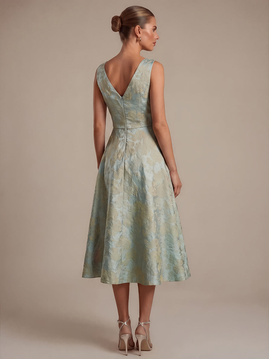 Floral Print Jacquard V-Neck Midi Wedding Guest Dress #color_Sky Blue