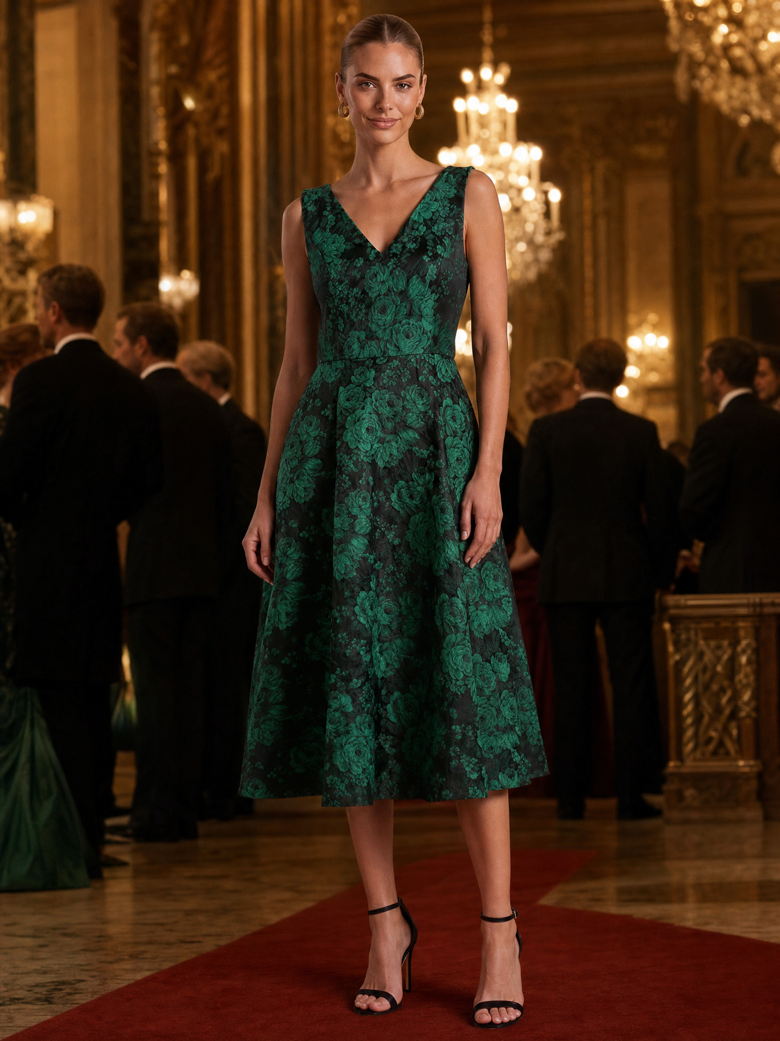 Floral Print Jacquard V-Neck Midi Wedding Guest Dress #color_Dark Green/Black