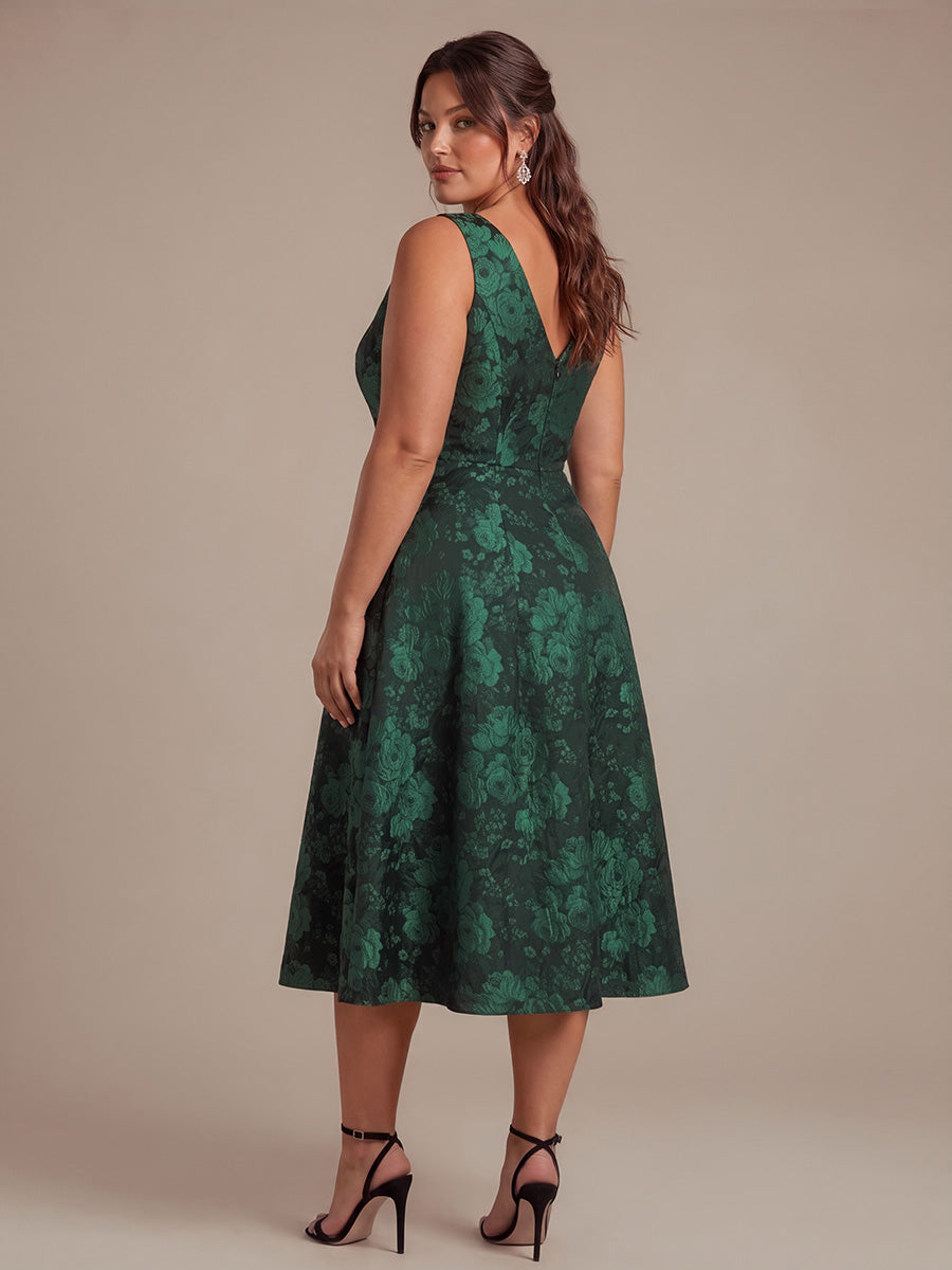 Floral Print Jacquard V-Neck Midi Wedding Guest Dress #color_Dark Green/Black