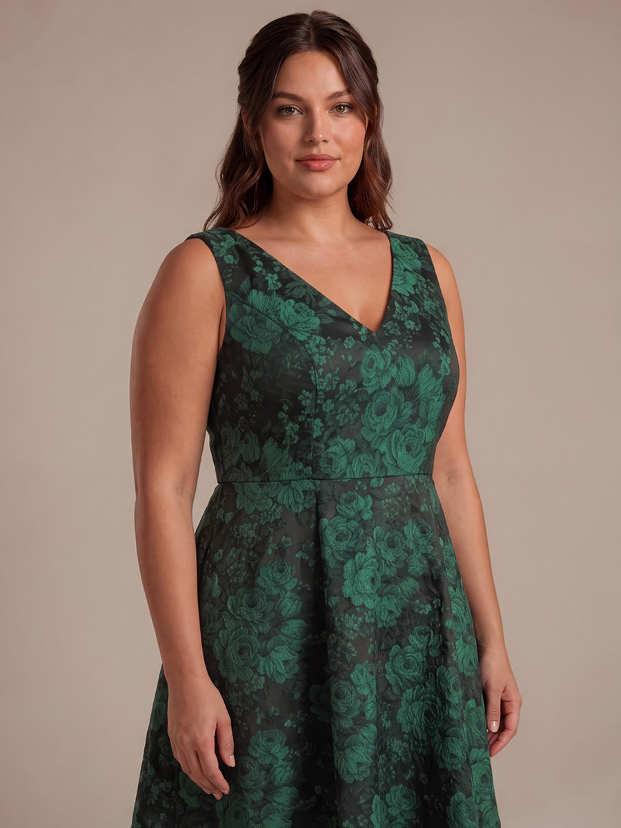 Floral Print Jacquard V-Neck Midi Wedding Guest Dress #color_Dark Green/Black