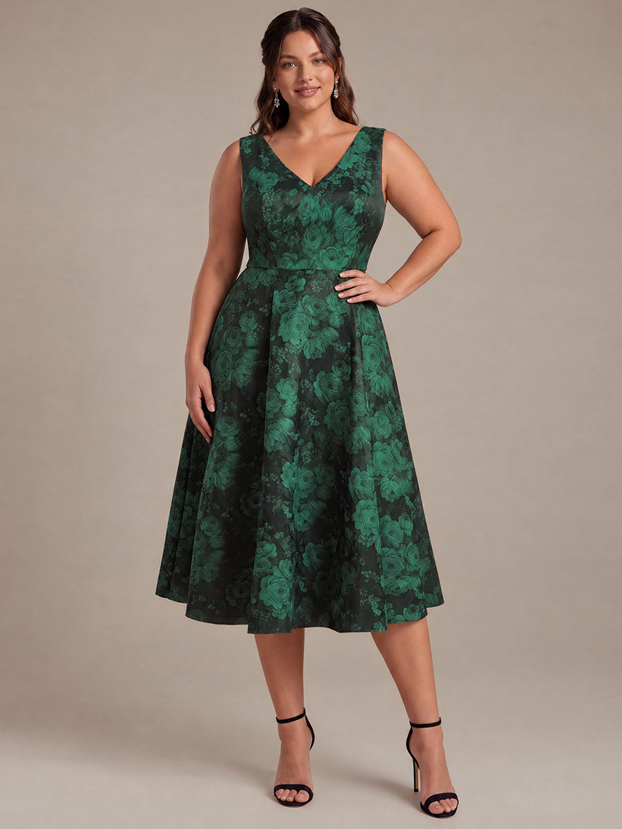 Floral Print Jacquard V-Neck Midi Wedding Guest Dress #color_Dark Green/Black