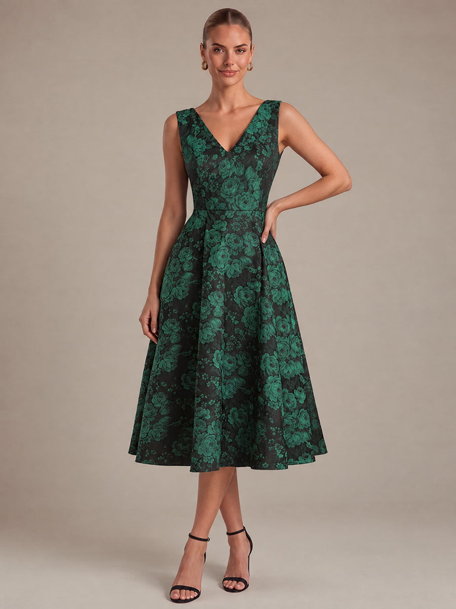 Floral Print Jacquard V-Neck Midi Wedding Guest Dress #color_Dark Green/Black